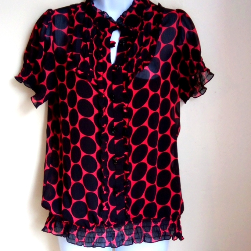 Flourish Red & black polka dots Blouse Size L
